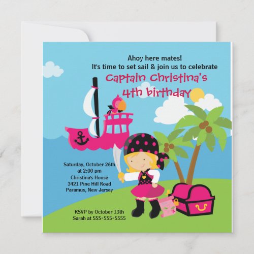 Pirate Ahoy Mates Birthday Party Invitation Girl