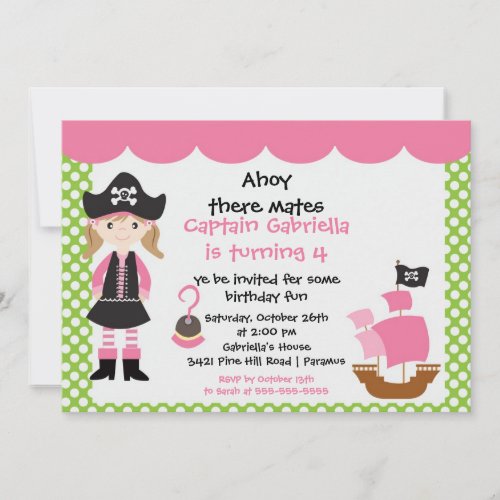 Pirate Ahoy Mates Birthday Party Invitation Girl