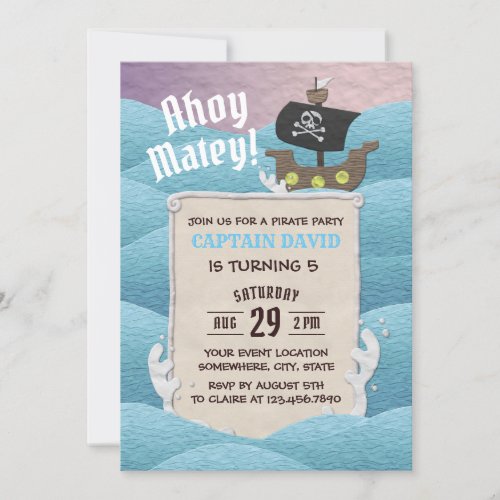 Pirate Ahoy Matey Boy Birthday Party Invitation