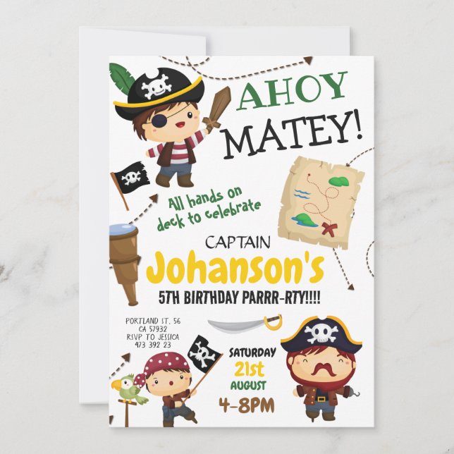 Pirate Ahoy Matey Boy Birthday Party Invitation (Front)