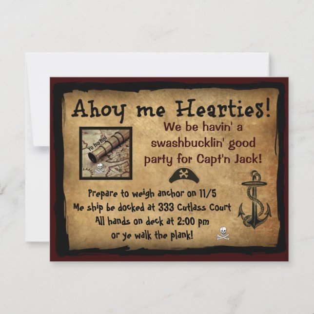 Pirate Ahoy Me Hearties! Party Invites (Front)