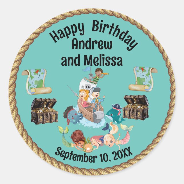Pirate and Mermaid Birthday for Children Classic Round Sticker (Front)