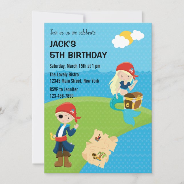 Pirate and Mermaid Birthday Invitation Blue (Front)