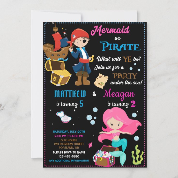 Pirate and Mermaid birthday invitation Two theme | Zazzle