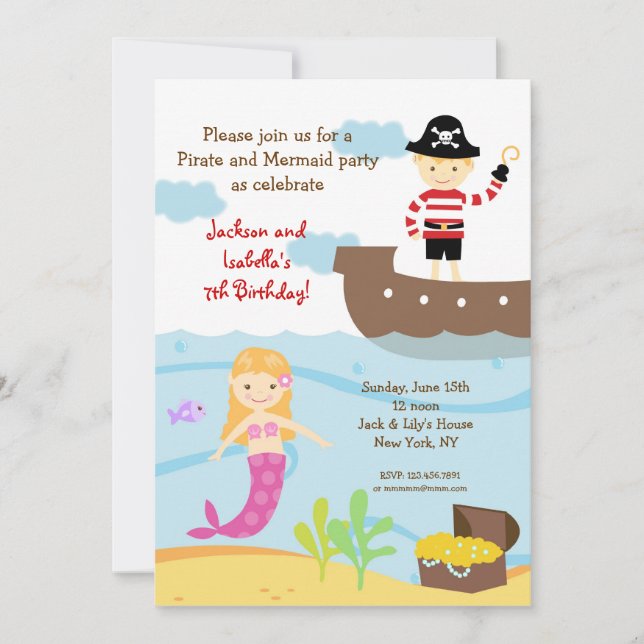Pirate and Mermaid Birthday Party Invitations (Front)