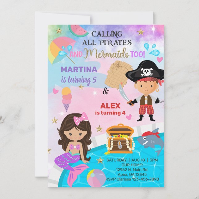 Pirate and Mermaid siblings birthday invite. Invit Invitation (Front)