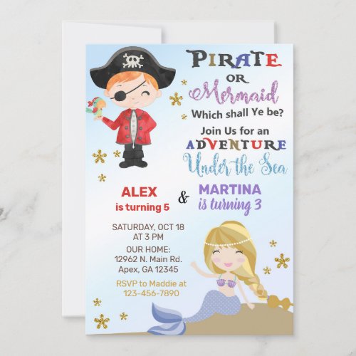 Pirate and Mermaid siblings birthday invite Invit Invitation