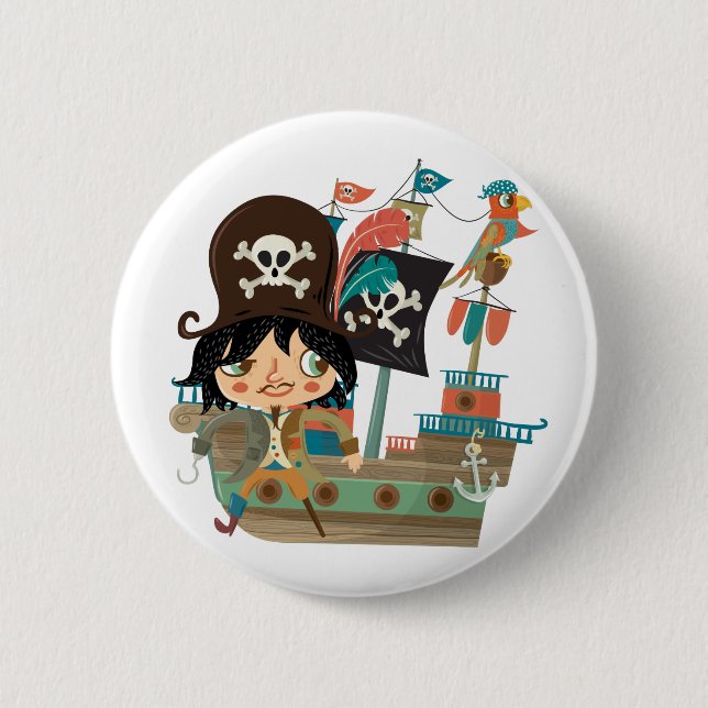 Pirate and Pirate Ship Pinback Button (Front)