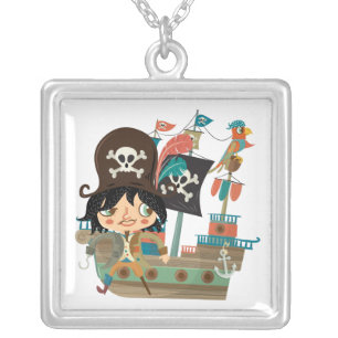 Pirate and Pirate Ship Silver Plated Necklace
