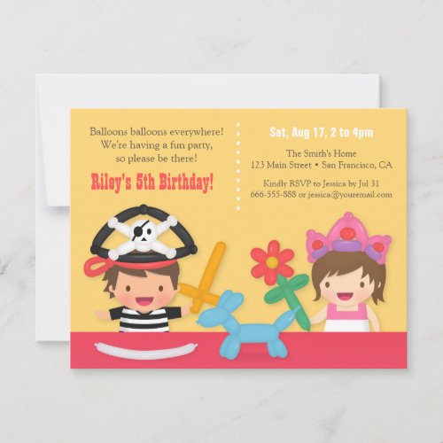 Pirate and Princess Balloon Kids Birthday Party Invitation