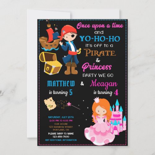 Pirate and Princess birthday invitation Two theme