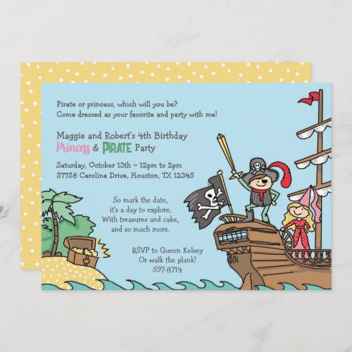 Pirate and Princess Party Treasure Twins Royal Fun Invitation