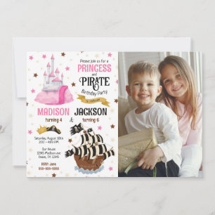 Pirate and Princess Photo Siblings Joint Birthday Invitation