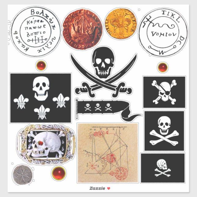 PIRATE BANNERS,PIRATES TREASURE MAPS SKULLS ,COINS STICKER (Sheet)