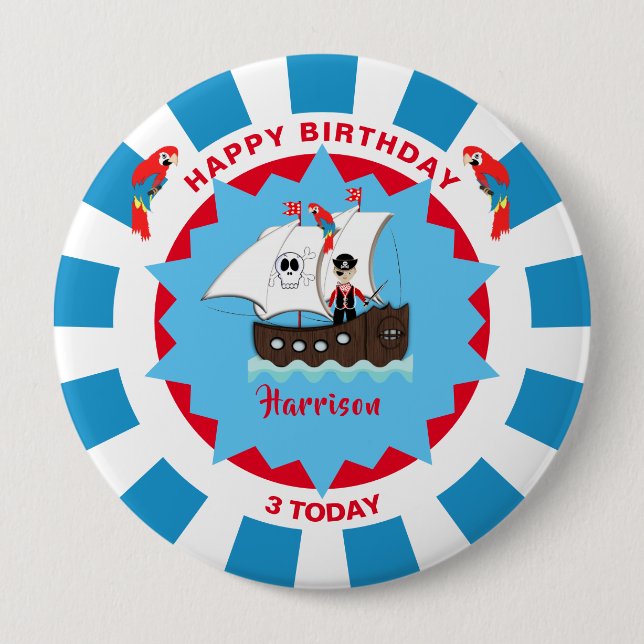 Pirate Birthday Cute Ship Kids Personalized  Button (Front)