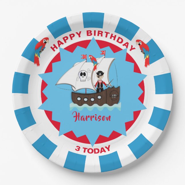 Pirate Birthday Cute Ship Kids Personalized  Paper Plates (Front)