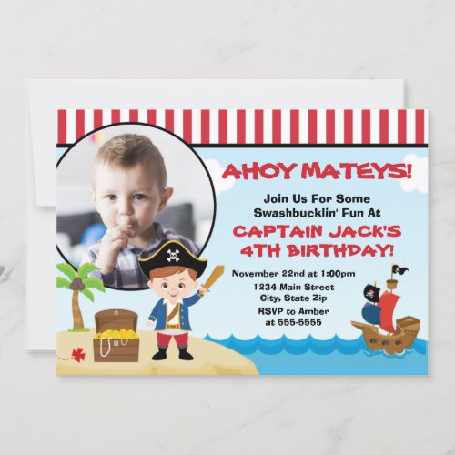 Pirate Birthday Invitation Pirate Boy Brunette