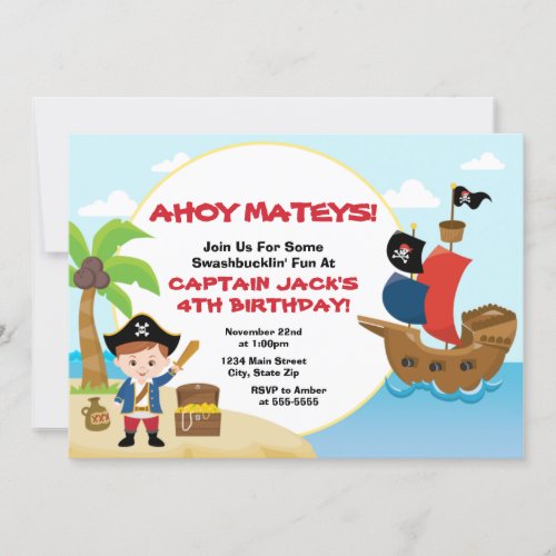 Pirate Birthday Invitation Pirate Boy Brunette