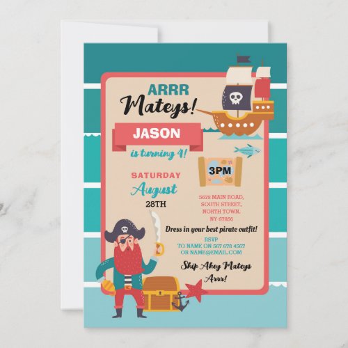 Pirate Birthday Map Party Ship Ahoy Treasure Invitation