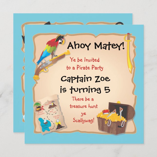 Pirate Birthday Party and Treasure Hunt Invitation (Front/Back)