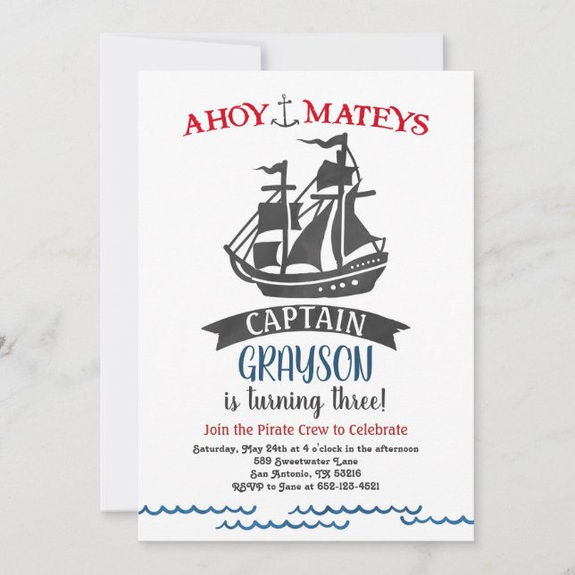 Pirate Birthday Party Invitation Modern Watercolor (Front)
