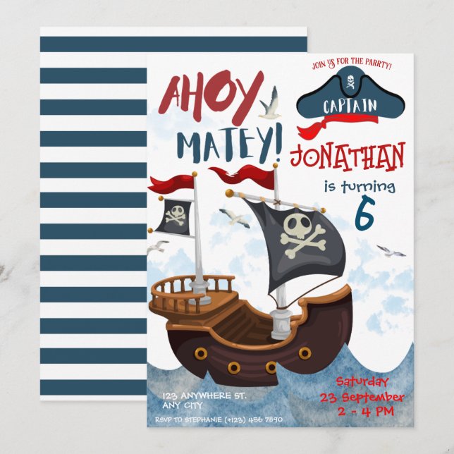 Pirate Birthday Party Watercolor Invitation (Front/Back)
