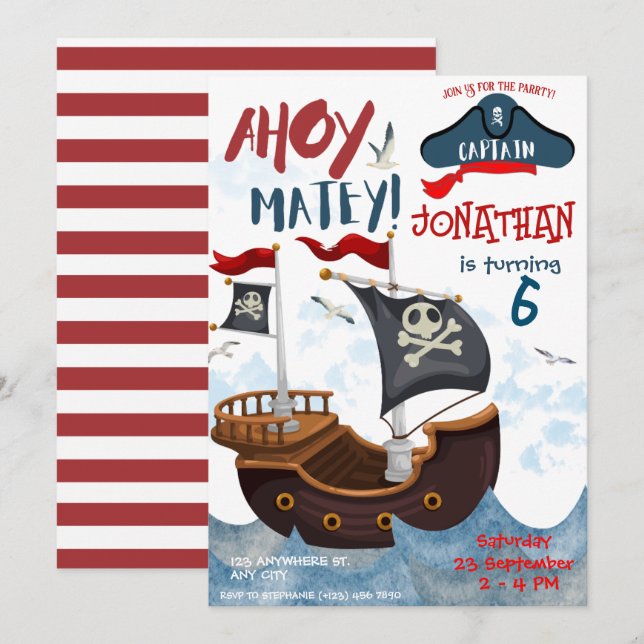 Pirate Birthday Party Watercolor  Invitation (Front/Back)