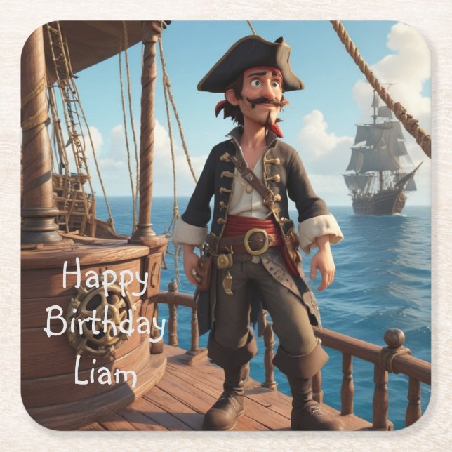Pirate Birthday Square Paper Coaster (Front)