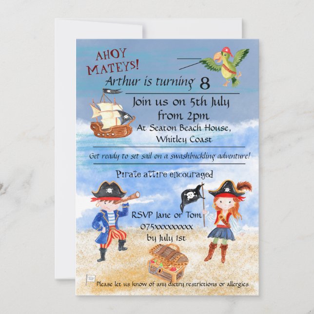Pirate birthday themed party treasure hunt invitation (Front)