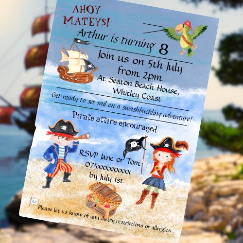 Pirate birthday themed party treasure hunt invitation