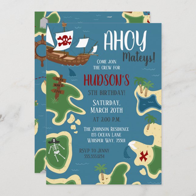 Pirate Birthday Treasure Map Blue Invitation (Front/Back)