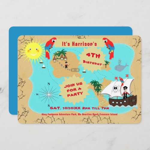 Pirate Birthday Treasure Map Ship Cute  Invitation