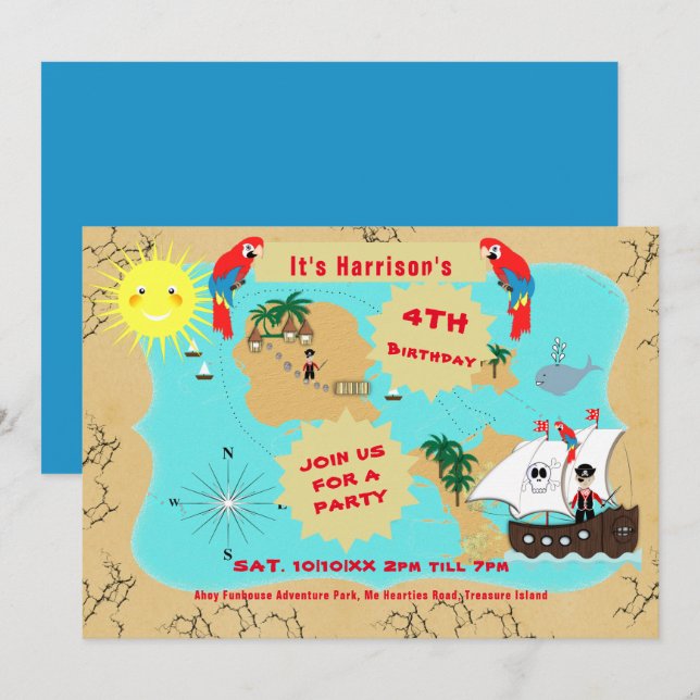 Pirate Birthday Treasure Map Ship Cute  Invitation (Front/Back)