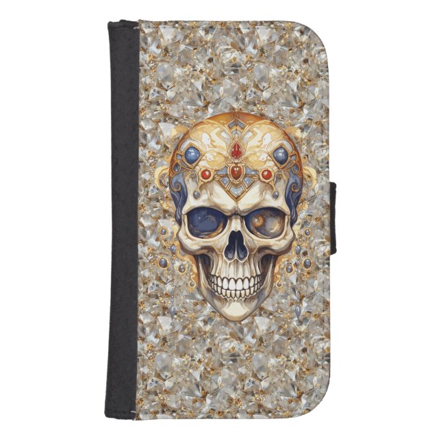 Pirate Bling Diamonds and Gold Skull Phone Wallet (Front)