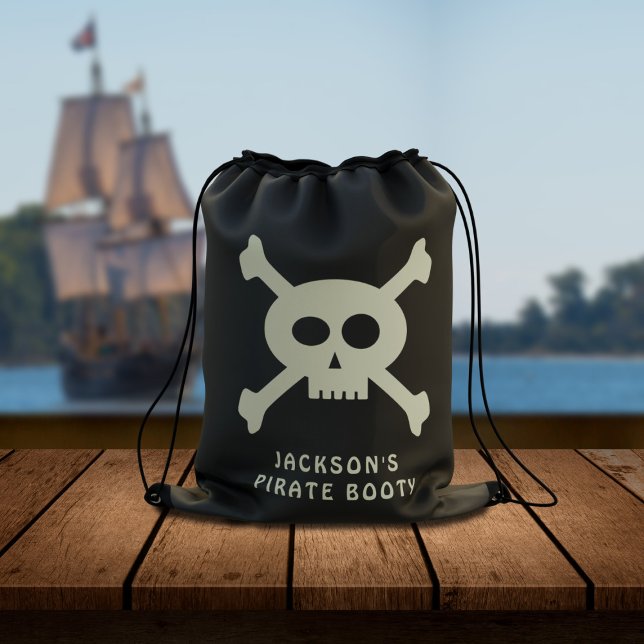 Pirate Booty Skull Crossbones Black Drawstring Bag (Ahoy! Add yer pirate name to this cute skull & crossbones drawstring bag and set sail for adventure)