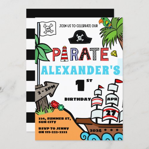 Pirate Boy 1st 2nd 3rd 4th 5th 6th 7th 8 Birthday  Invitation