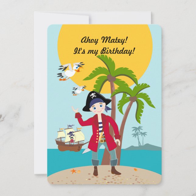 Pirate boy and ship birthday party invitation (Front)
