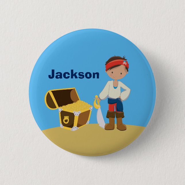 Pirate Boy Beach Summer Cute Kids Monogram Blue Button (Front)