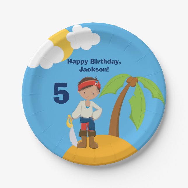 Pirate Boy Beach Summer Kids Pool Birthday Party Paper Plates (Front)
