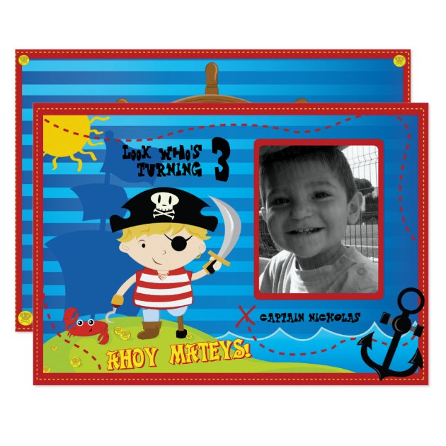 Pirate Boy Birthday Party Invitation, Ahoy Mateys! Card