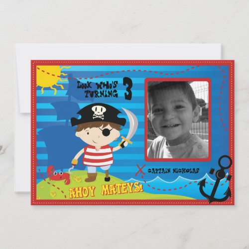 Pirate Boy Birthday Party Invitation, Ahoy Mateys!