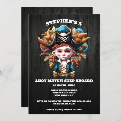 Pirate boy captain ahoy matey birthday theme party invitation