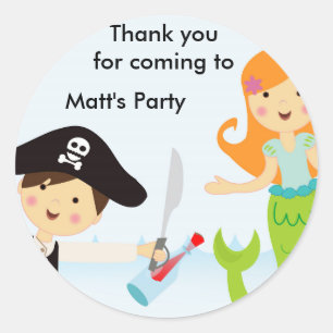 Pirate boy mermaid girl birthday party sticker