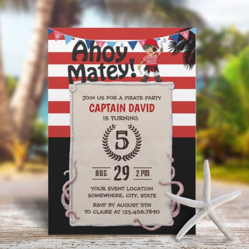 Pirate Boy Nautical Red Stripes Birthday Party Invitation