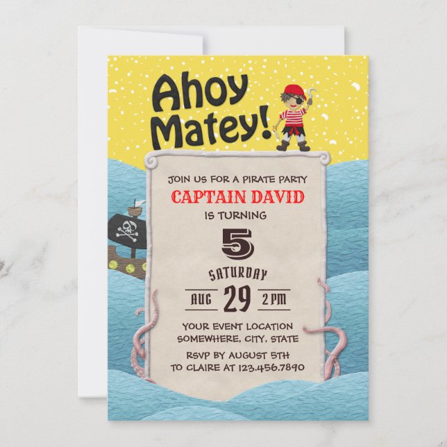 Pirate Boy Octopus Ahoy Matey Birthday Party Invitation (Front)