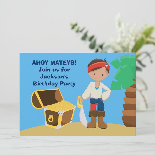 Pirate Boy Summer Pool Kids Birthday Party Invitation (Standing Front)