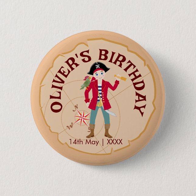 Pirate Boy Treasure Map Fun Birthday Party Button (Front)