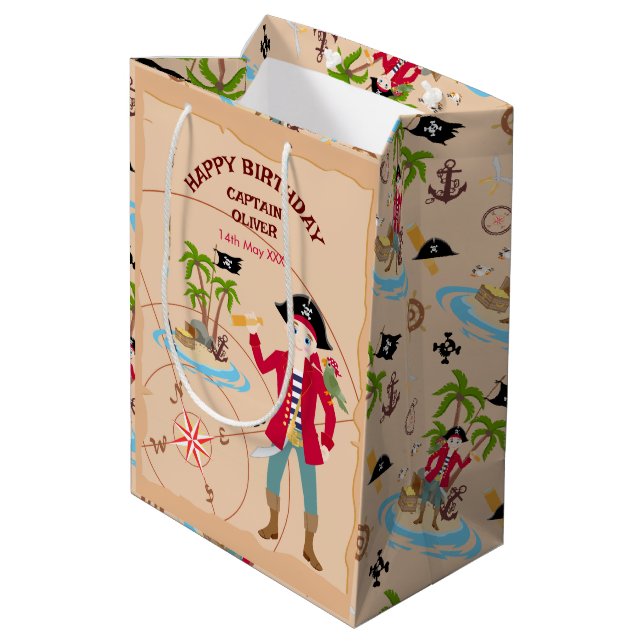 Pirate Boy Treasure Map Fun Birthday Party Medium Gift Bag (Back Angled)