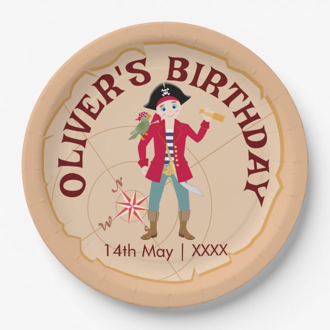 Pirate Boy Treasure Map Fun Birthday Party Paper Plates (Front)