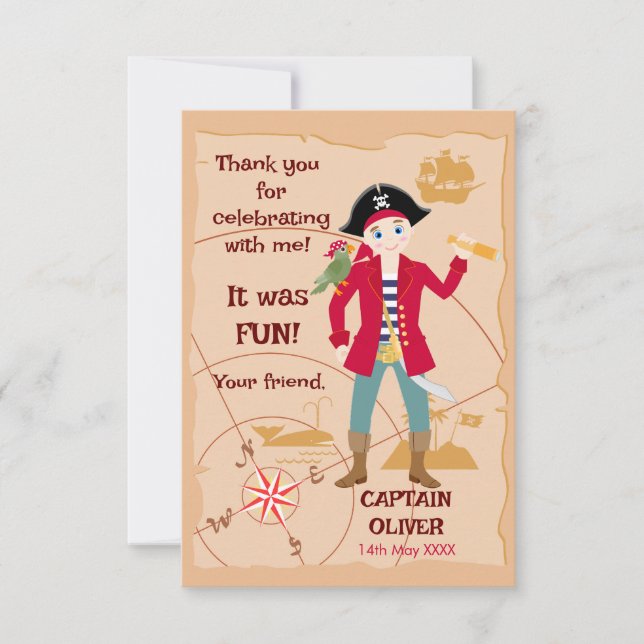 Pirate Boy Treasure Map Fun Birthday Party Thank You Card (Front)